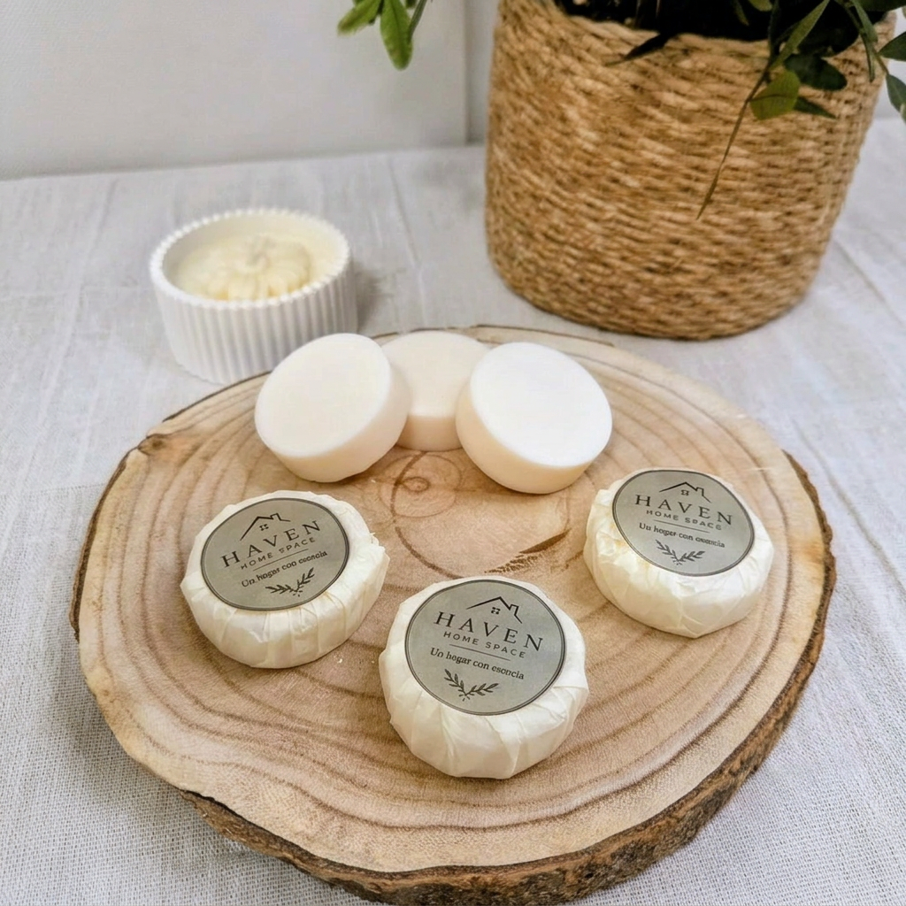 Jabones artesanales de miel sobre una base de madera, formato cuadrado