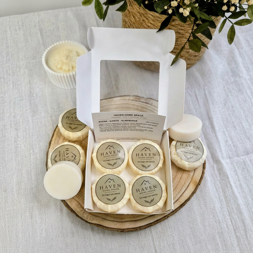 Jabones artesanales de avena, karité y almendras en caja abierta, formato cuadrado